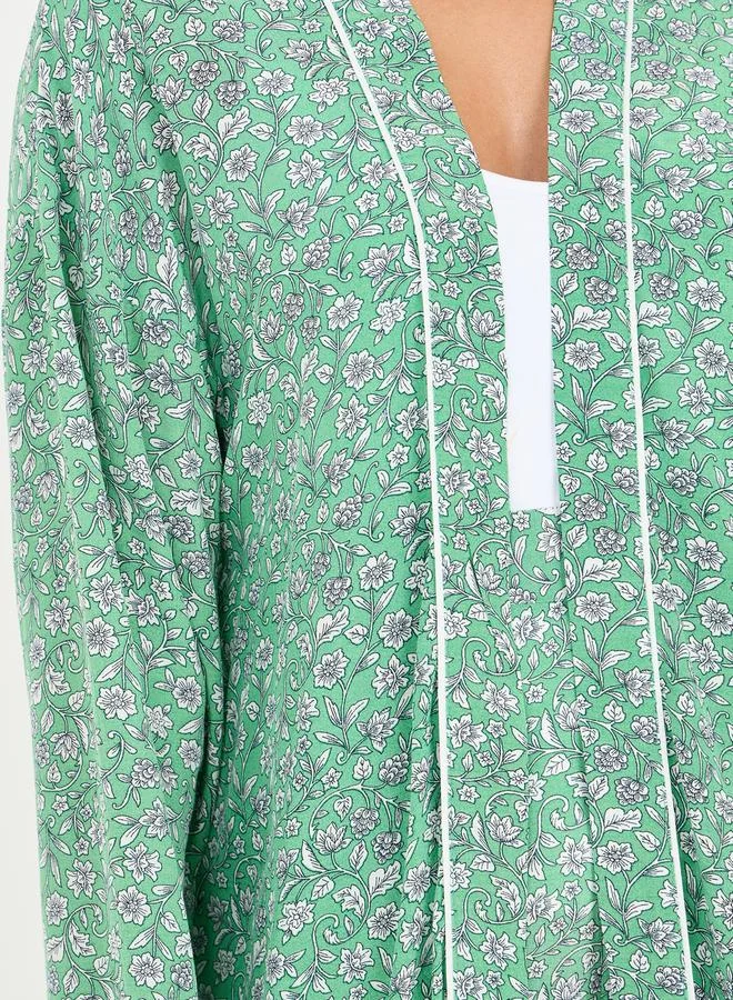 Styli Ditsy Floral Print Midi Kimono and Wide Leg Pant Set