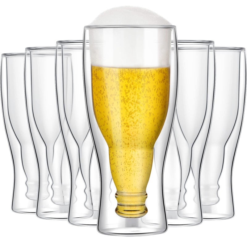 Meanplan Meanplan 6 Pcs 155 oz Double Wall Insulated Beer Glass Clear Pub Mug Insulated Borosilicate Freezable Upside Down Design Beer Glasses Cup for Drinking Lovers Bar 