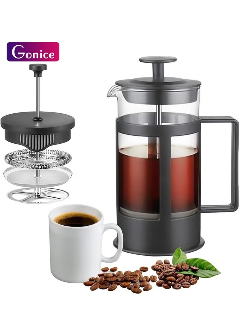 جونيس ماكينة القهوة الفرنسية -350 مل إسبريسو وصانع الشاي مع فلتر ثلاثي الطبقة، مطبعة قهوة بوروسيليكات الزجاجية، فلتر الفولاذ المقاوم للصدأ، مقاومة للحرارة الباردة لهبات السفر للتخييم، أسود - Image 1