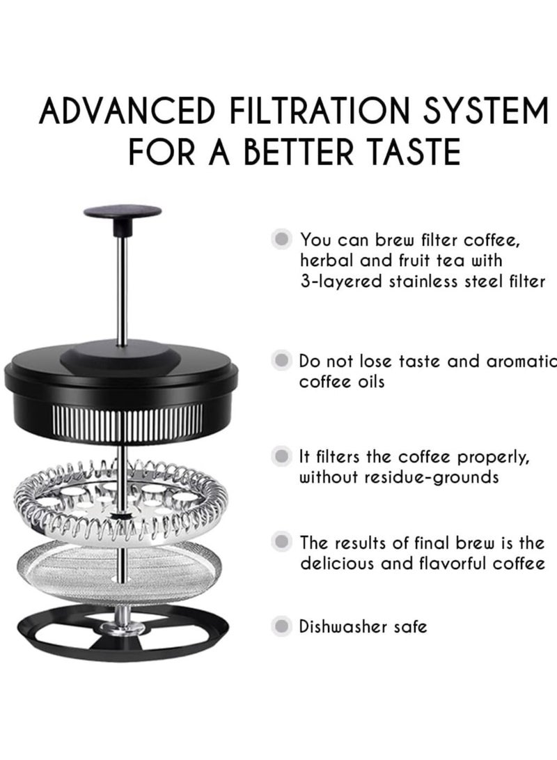 جونيس ماكينة القهوة الفرنسية -350 مل إسبريسو وصانع الشاي مع فلتر ثلاثي الطبقة، مطبعة قهوة بوروسيليكات الزجاجية، فلتر الفولاذ المقاوم للصدأ، مقاومة للحرارة الباردة لهبات السفر للتخييم، أسود - Image 2