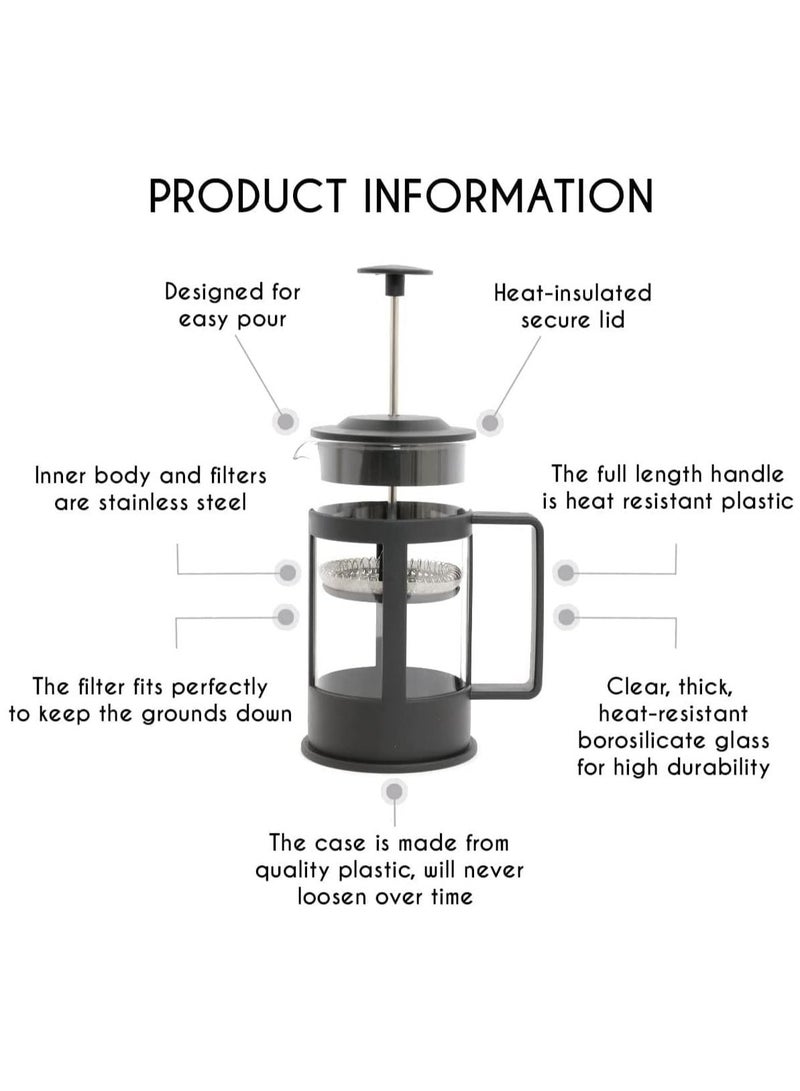 جونيس ماكينة القهوة الفرنسية -350 مل إسبريسو وصانع الشاي مع فلتر ثلاثي الطبقة، مطبعة قهوة بوروسيليكات الزجاجية، فلتر الفولاذ المقاوم للصدأ، مقاومة للحرارة الباردة لهبات السفر للتخييم، أسود - Image 5