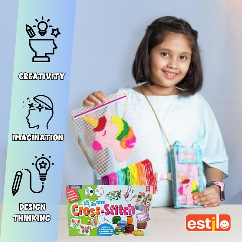 Estilo مجموعة فنون وحرف استيلو | 15 نمط فريد من نوعه للتطريز المتقاطع مجموعة حرف يدوية للمبتدئين للأطفال | مجموعة تطريز تشمل 8 ألوان من الصوف | هدية عيد ميلاد للبنات والأولاد من عمر 4 سنوات فما فوق - Image 3