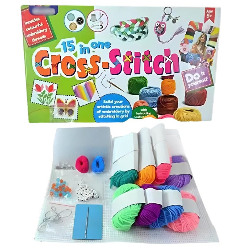 Estilo مجموعة فنون وحرف استيلو | 15 نمط فريد من نوعه للتطريز المتقاطع مجموعة حرف يدوية للمبتدئين للأطفال | مجموعة تطريز تشمل 8 ألوان من الصوف | هدية عيد ميلاد للبنات والأولاد من عمر 4 سنوات فما فوق - Image 1