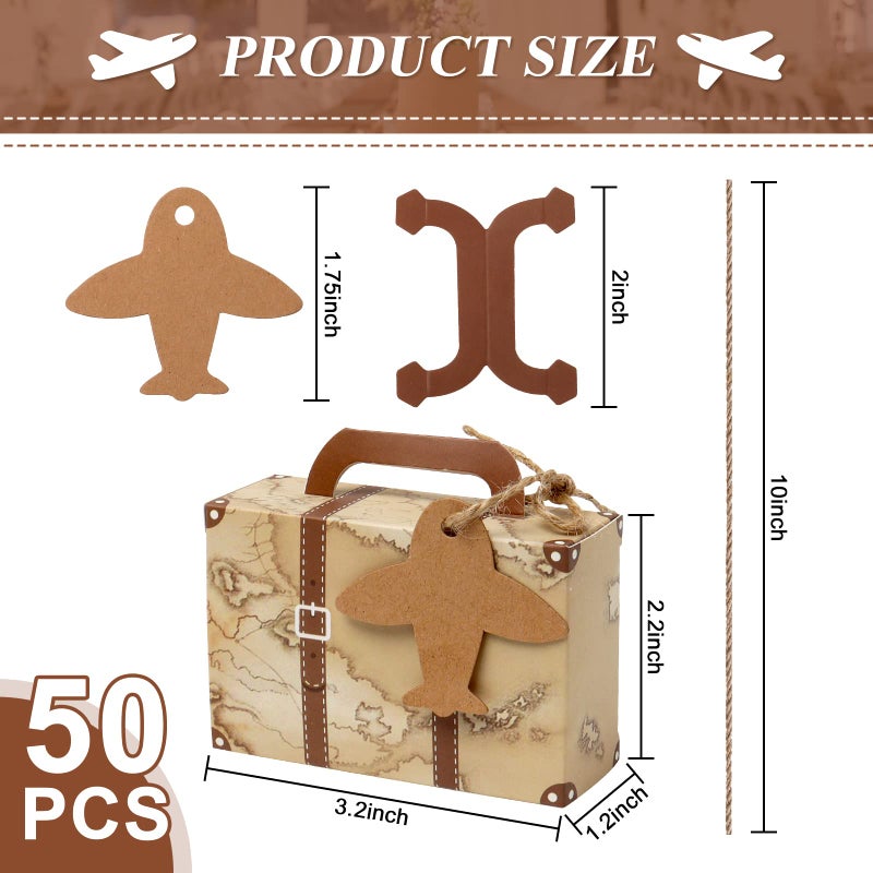 CHolic 50Pcs Party Favor Candy Box, Vintage Mini Suitcase Favor Box, Kraft Paper with Tags and Burlap Twine for Travel Themed Party, Bridal Shower, Wedding Decorations - Image 2