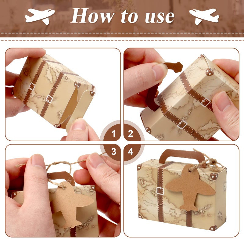 CHolic 50Pcs Party Favor Candy Box, Vintage Mini Suitcase Favor Box, Kraft Paper with Tags and Burlap Twine for Travel Themed Party, Bridal Shower, Wedding Decorations - Image 3