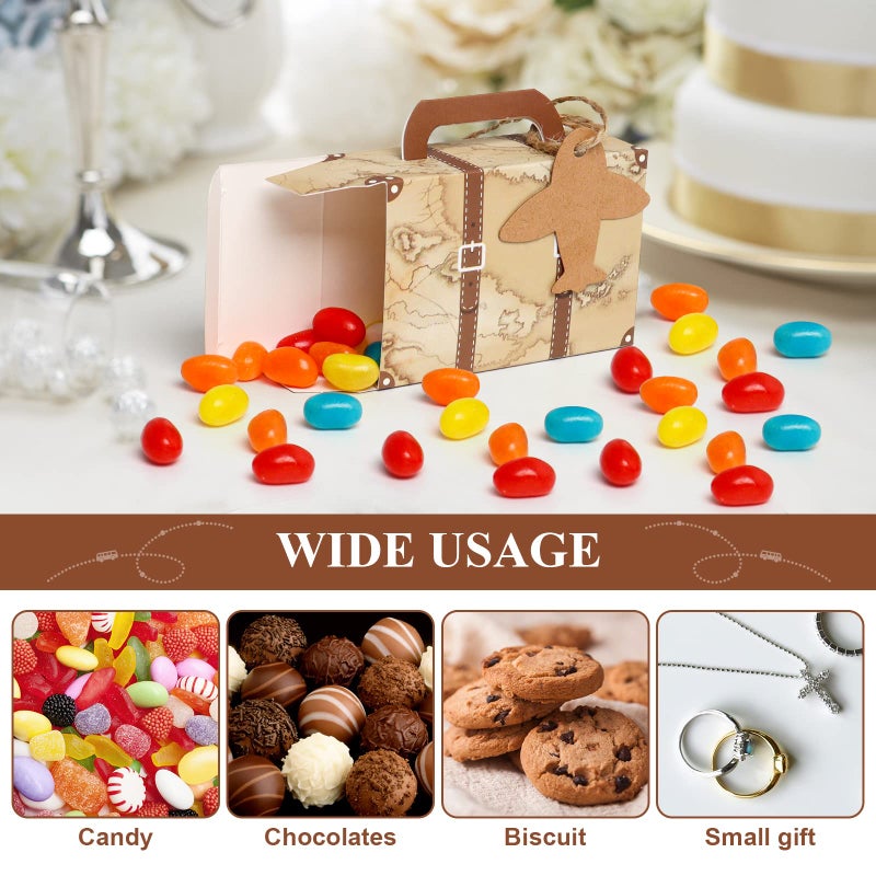 CHolic 50Pcs Party Favor Candy Box, Vintage Mini Suitcase Favor Box, Kraft Paper with Tags and Burlap Twine for Travel Themed Party, Bridal Shower, Wedding Decorations - Image 4