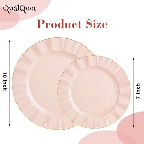 QualQuot 120PCS Blush Pink Plastic Plates, Heavy Duty Disposable Party Plates with Gold Rim, 60 Dinner and 60 Dessert for Parties and Wedding - Image 2