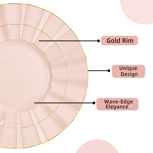 QualQuot 120PCS Blush Pink Plastic Plates, Heavy Duty Disposable Party Plates with Gold Rim, 60 Dinner and 60 Dessert for Parties and Wedding - Image 3