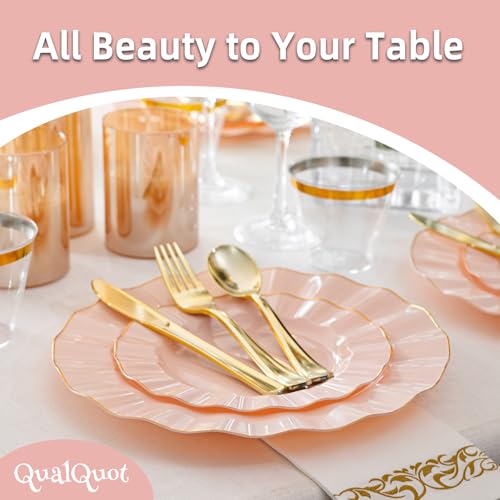 QualQuot 120PCS Blush Pink Plastic Plates, Heavy Duty Disposable Party Plates with Gold Rim, 60 Dinner and 60 Dessert for Parties and Wedding - Image 5