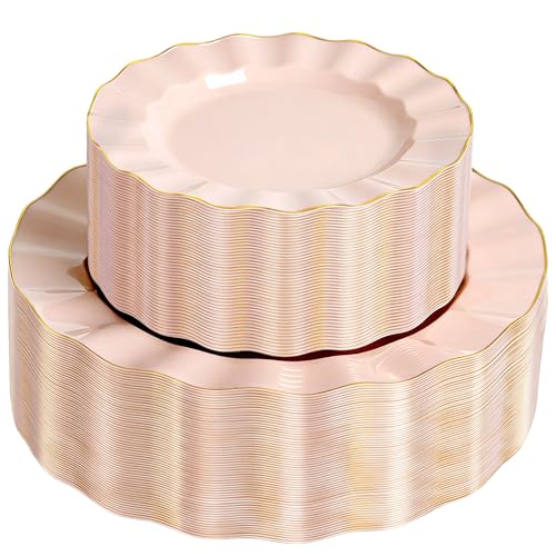 QualQuot 120PCS Blush Pink Plastic Plates, Heavy Duty Disposable Party Plates with Gold Rim, 60 Dinner and 60 Dessert for Parties and Wedding - Image 1