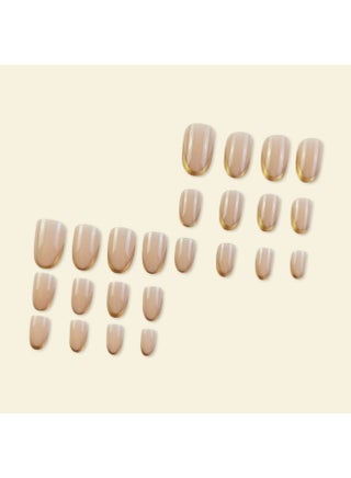 French Tip Press On Nails Gold Line Nude Almond Shape Glossy Artificial Nails Set Full Cover Reusable Stick On Nails Soft Gel Acrylic Style Elegant Luxury Nails for Women Wedding Party Office Salon Look - view 2