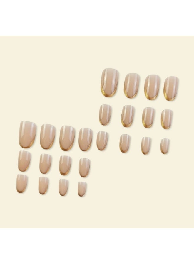 Orange Life French Tip Press On Nails Gold Line Nude Almond Shape Glossy Artificial Nails Set Full Cover Reusable Stick On Nails Soft Gel Acrylic Style Elegant Luxury Nails for Women Wedding Party Office Salon Look - Image 2