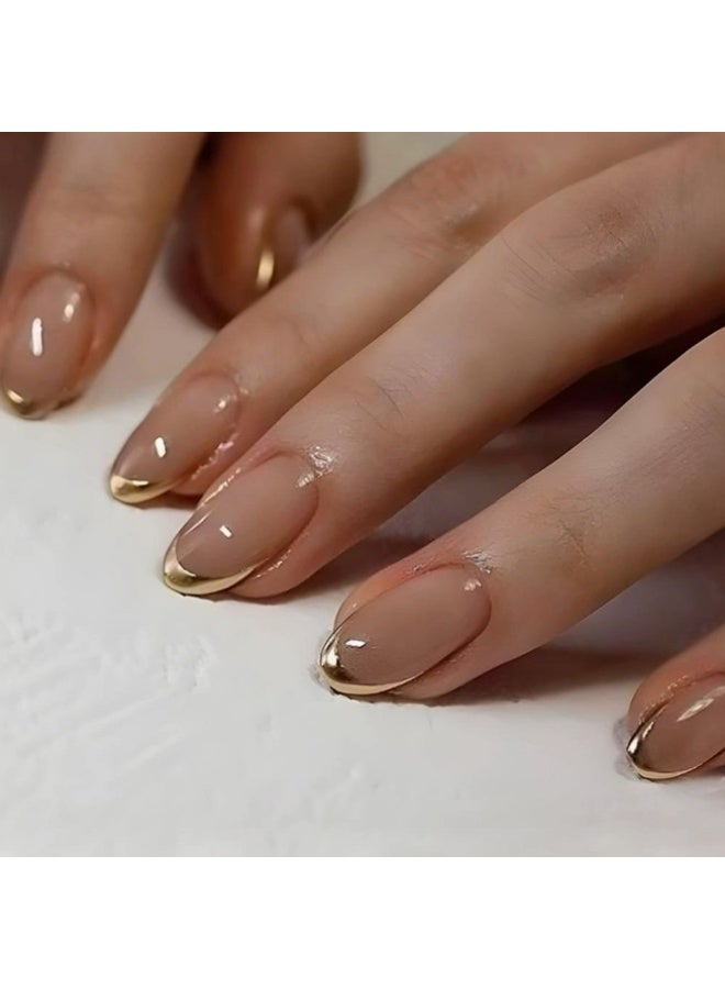 Orange Life French Tip Press On Nails Gold Line Nude Almond Shape Glossy Artificial Nails Set Full Cover Reusable Stick On Nails Soft Gel Acrylic Style Elegant Luxury Nails for Women Wedding Party Office Salon Look - Image 1