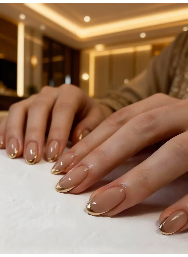 Orange Life French Tip Press On Nails Gold Line Nude Almond Shape Glossy Artificial Nails Set Full Cover Reusable Stick On Nails Soft Gel Acrylic Style Elegant Luxury Nails for Women Wedding Party Office Salon Look - Image 5