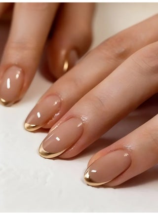 French Tip Press On Nails Gold Line Nude Almond Shape Glossy Artificial Nails Set Full Cover Reusable Stick On Nails Soft Gel Acrylic Style Elegant Luxury Nails for Women Wedding Party Office Salon Look - view 4