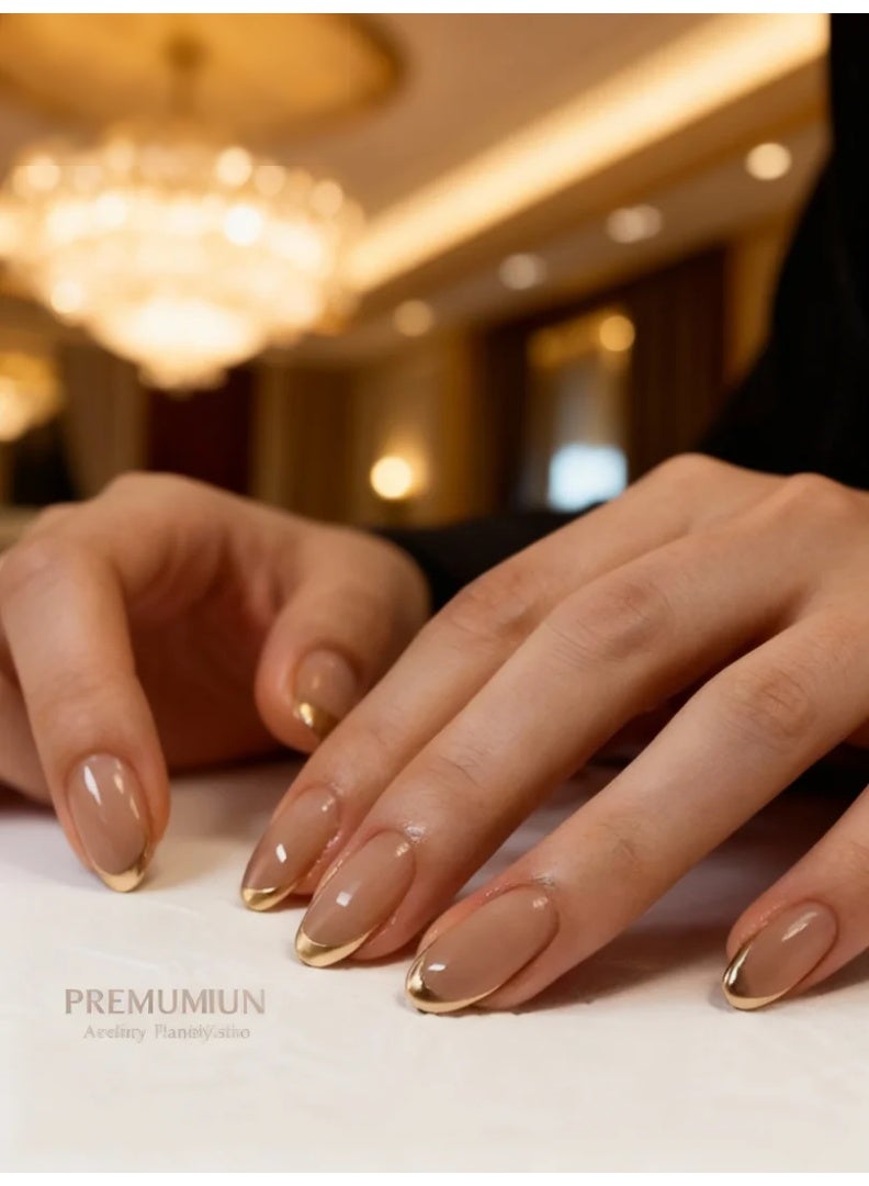 Orange Life French Tip Press On Nails Gold Line Nude Almond Shape Glossy Artificial Nails Set Full Cover Reusable Stick On Nails Soft Gel Acrylic Style Elegant Luxury Nails for Women Wedding Party Office Salon Look - Image 3