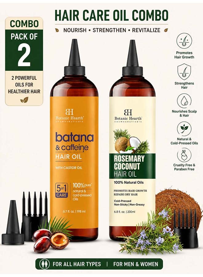 Hair Oil Combo - Rosemary Coconut & Avocado Hair Oil 200ml + Batana & Caffeine Hair Oil 198ml | Hair Growth & Strengthening Care