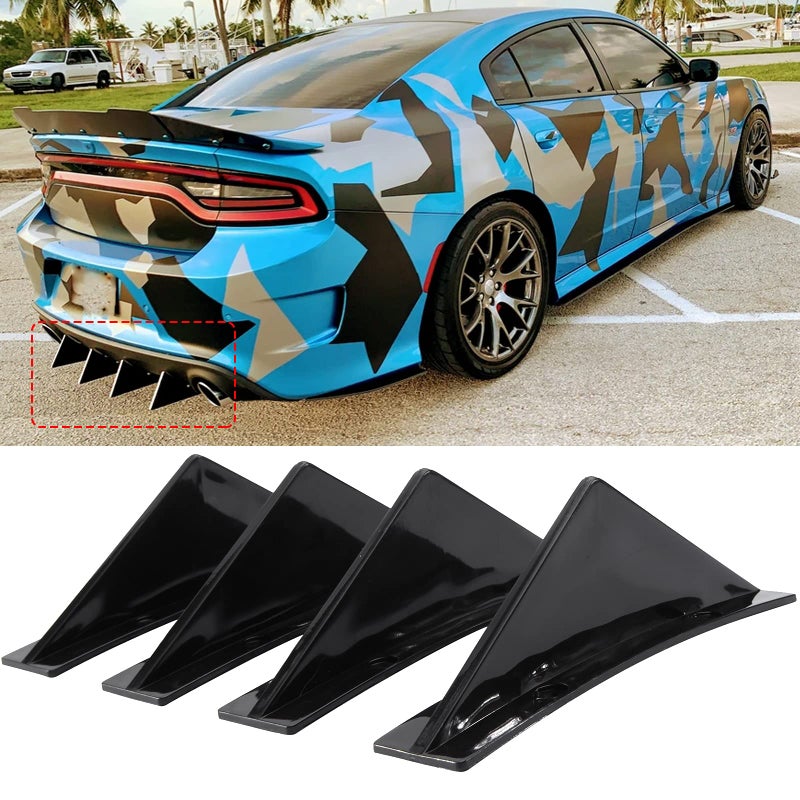 Gloss Black 4Pcs Universal Curved Shape Rear Bumper Diffuser Shark Fin Spoiler Trim Covers Decoration Set Lip Wing Splitter