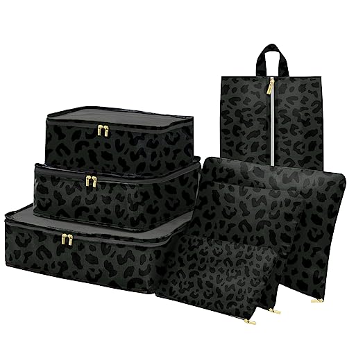 BHAHB 7 Set Packing Cubes Travel Luggage Organizers for Suitcase Travel Accessories with Shoe Bag for Women Girls Aesthetic Cute-Black Leopard Cheetah Pattern - Image 1