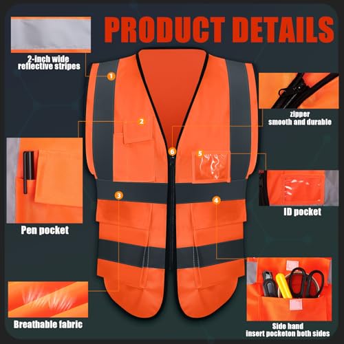 JaGely 15 Pack Reflective Safety Vests with Pockets and Zipper Construction Work High Visibility Vest for Men Women(Medium,Orange Red) - Image 3