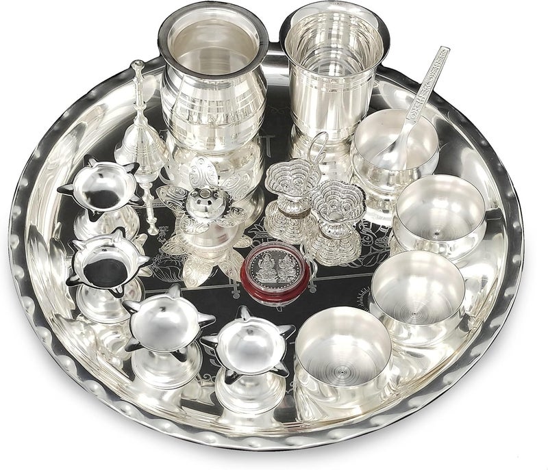 Nobility Pooja Thali Set 12 Inch Silver Plated Puja Thali for Diwali Decoration Gift Items Festival Ethnic Puja Thali for Temple Office Home Wedding Return Gifts - Image 1