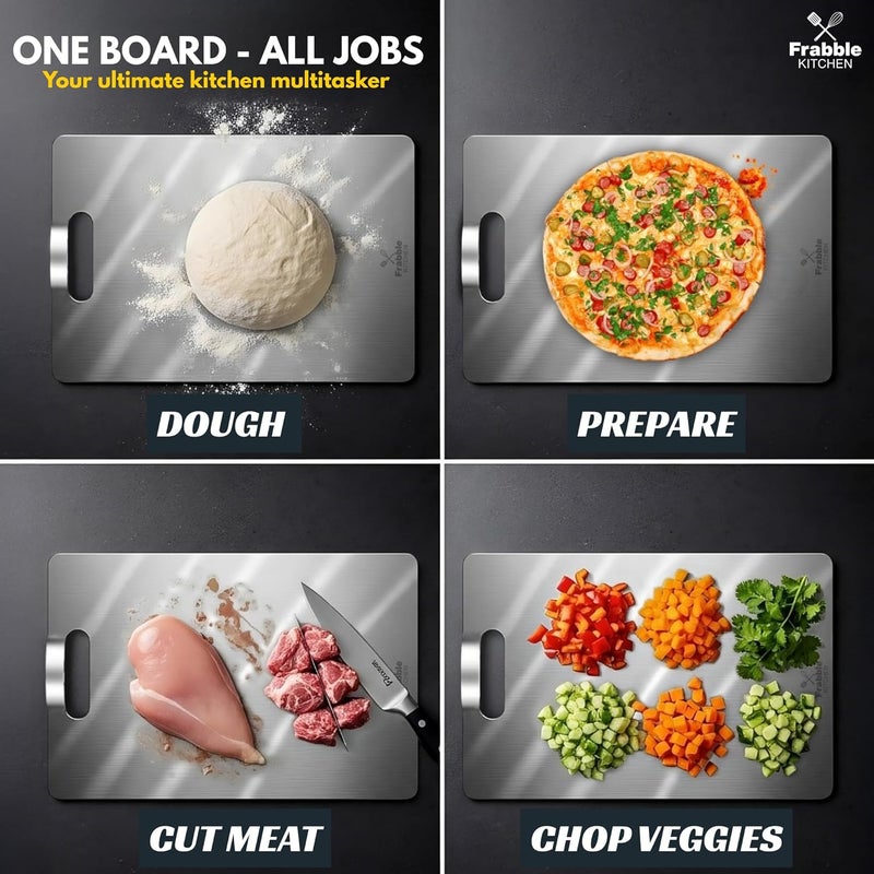 Frabble Kitchen Easy Lift Handle Design Steel Chopping Board - Large Stainless Steel Cutting Board for Kitchen Use, Perfect Chopping Board Steel for Kitchen,Cook,Chef at Restaurant & Hotel 8x12 Inch - Image 3
