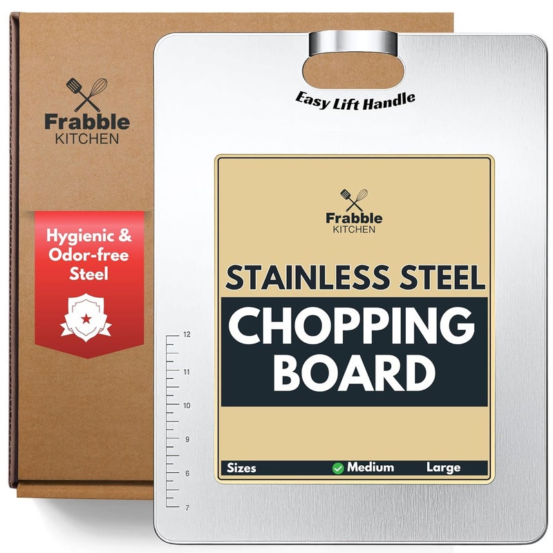 Frabble Kitchen Easy Lift Handle Design Steel Chopping Board - Large Stainless Steel Cutting Board for Kitchen Use, Perfect Chopping Board Steel for Kitchen,Cook,Chef at Restaurant & Hotel 8x12 Inch - Image 1