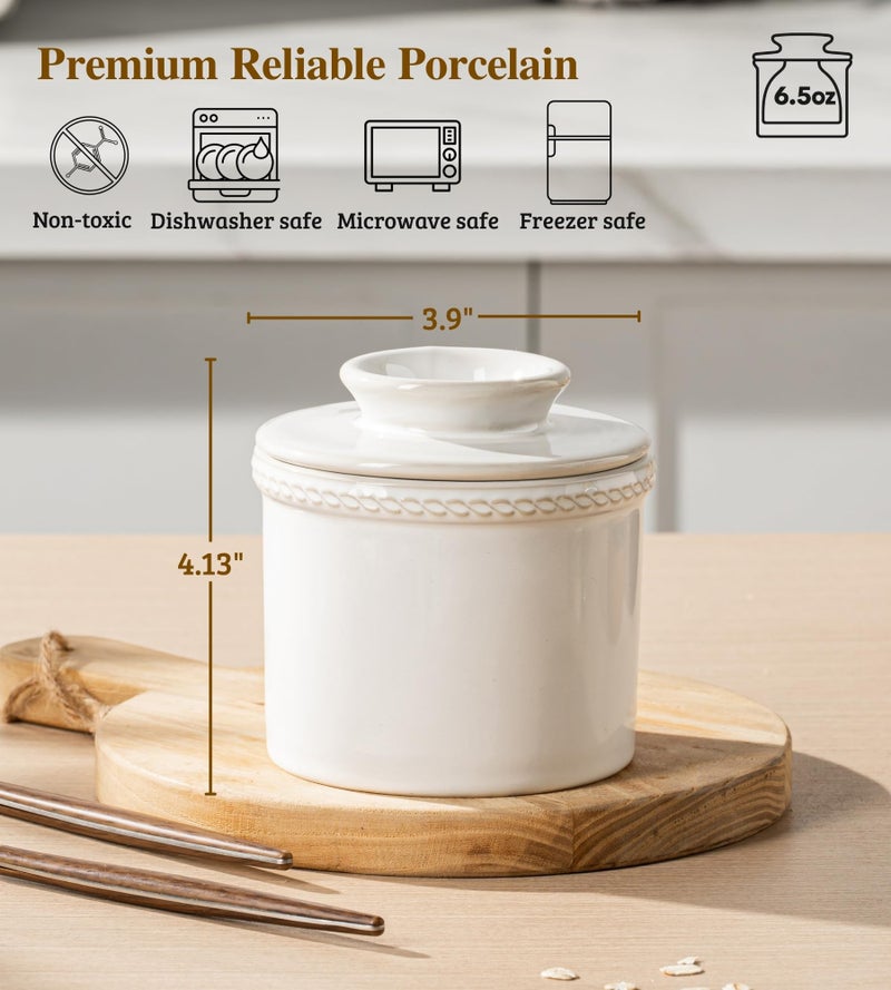 Jersinwei Butter Crock with Lid, Ceramic Butter Crock for Spreadable Soft Butter, Vintage Chain-Rim Design, Home and Kitchen Decor, Housewarming Gift, Shell White - Image 3
