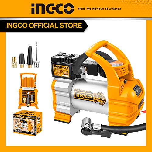 INGCO Auto Air Compressor, 12V | 10A | 140PSI Portable Tyre Inflator Pump, with Cord, Cigarette Lighter, Battery Clips, Adapters, LED Light for Car, Bicycle, Balloons and Other Inflatables - Image 2