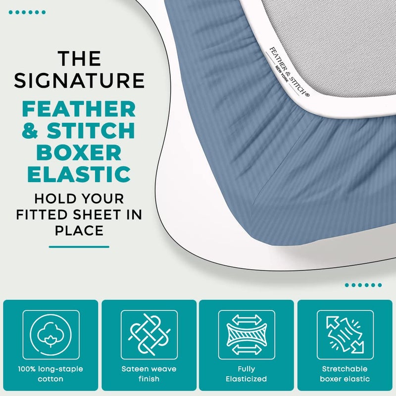 FEATHER & STITCH NEW Feather & Stitch 100% Cotton 1 Piece Damask Stripe King Fitted Sheet 500 Thread Count Blue 18 Inch Extra Deep Pocket Luxury Sateen Weave Stretchable Boxer Elastic Fits Mattress Perfectly  - Image 3