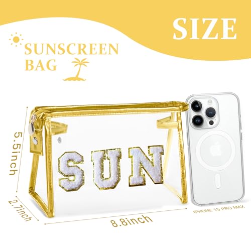 COSHAYSOO Clear Makeup Bag Sunscreen Zipper Pouch Women Fashion Beach Vacation Essentials Travel Summer Pool Stuff for Teenager Girls Preppy Gifts with Trendy Cute Chenille Letter Golden SUN - Image 2