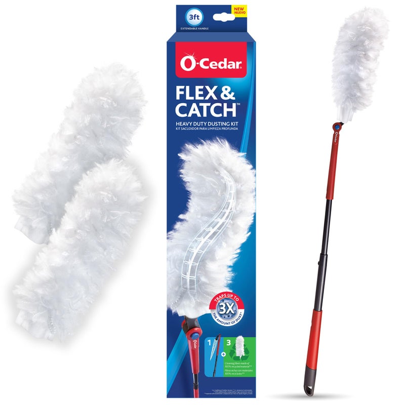 OCedar Flex Catch Heavy Duty Dusting Kit with 3 Disposable Duster Refills Extendable 3 Ft Handle with StayOn Duster Hook Traps 3X More Dust Than Feather Dusters