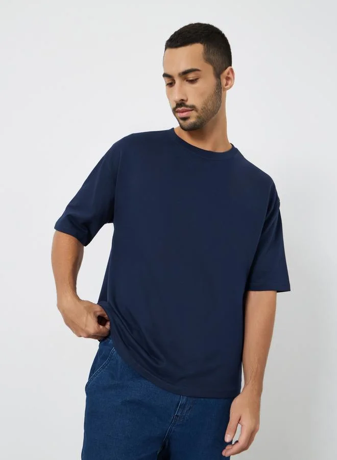 Styli Men Navy Blue Graphic Slogan Oversized T-Shirt