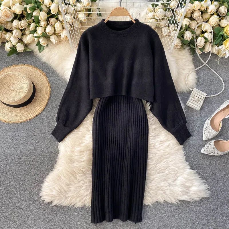 Autumn Chic Turtleneck Batwing Sweater Dress Set Black suit [version]