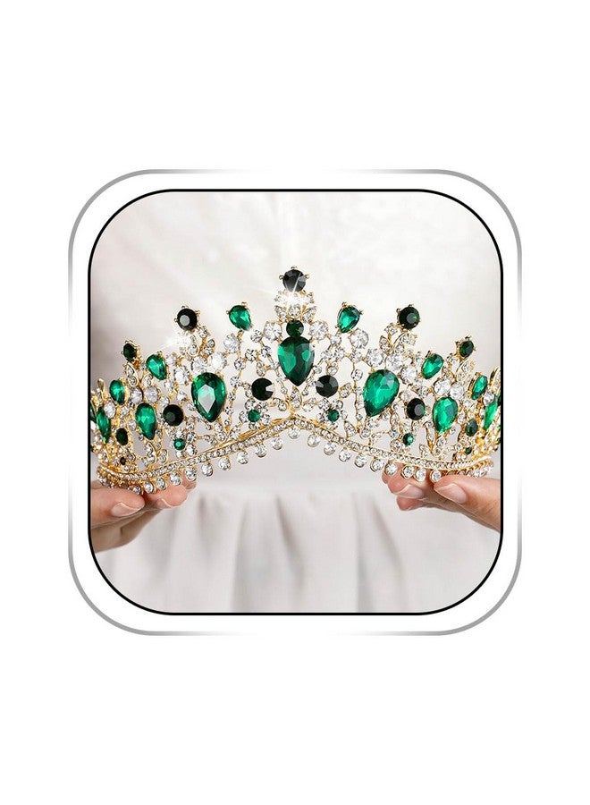 Haloty Baroque Green Crystal Bride Crowns Wedding Crown and Tiara Gold Queen Sparkling Bridal Tiaras Bling Princess Teardrop Rhinestone Head Jewelry for Women and Girls - Image 1