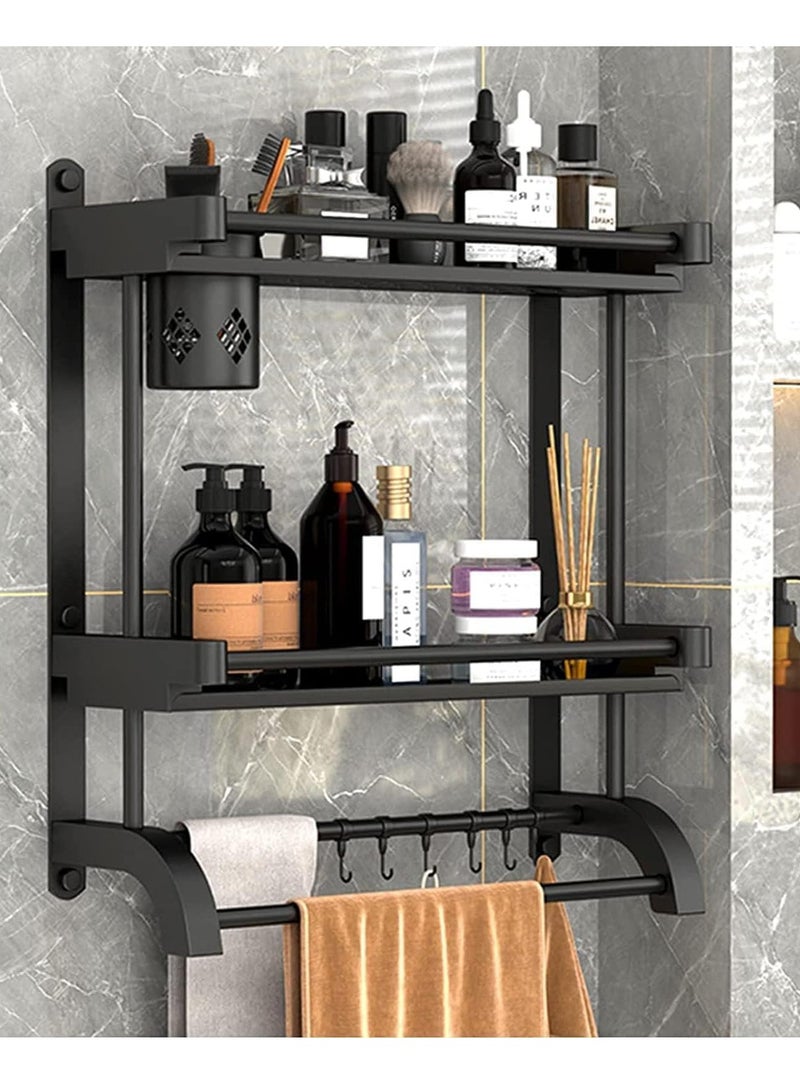 Shower Caddy Bathroom Organizer With Towel Bar, Wall Shelf With Brush Holder, 2 Tier Bath Towel Rack, Storage for Bathroom Kitchen Toilet  - Image 1