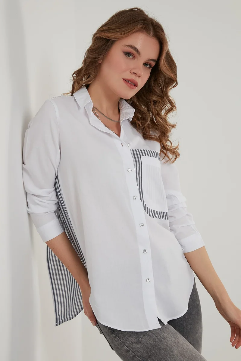 ليلا Asymmetric Back Detailed Striped 100% Cotton Shirt Women's Shirt 51435691