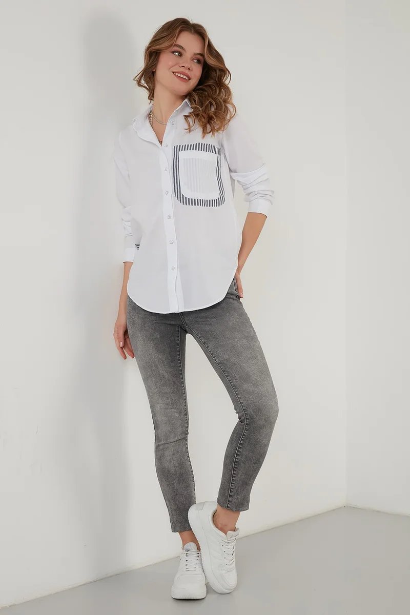 ليلا Asymmetric Back Detailed Striped 100% Cotton Shirt Women's Shirt 51435691