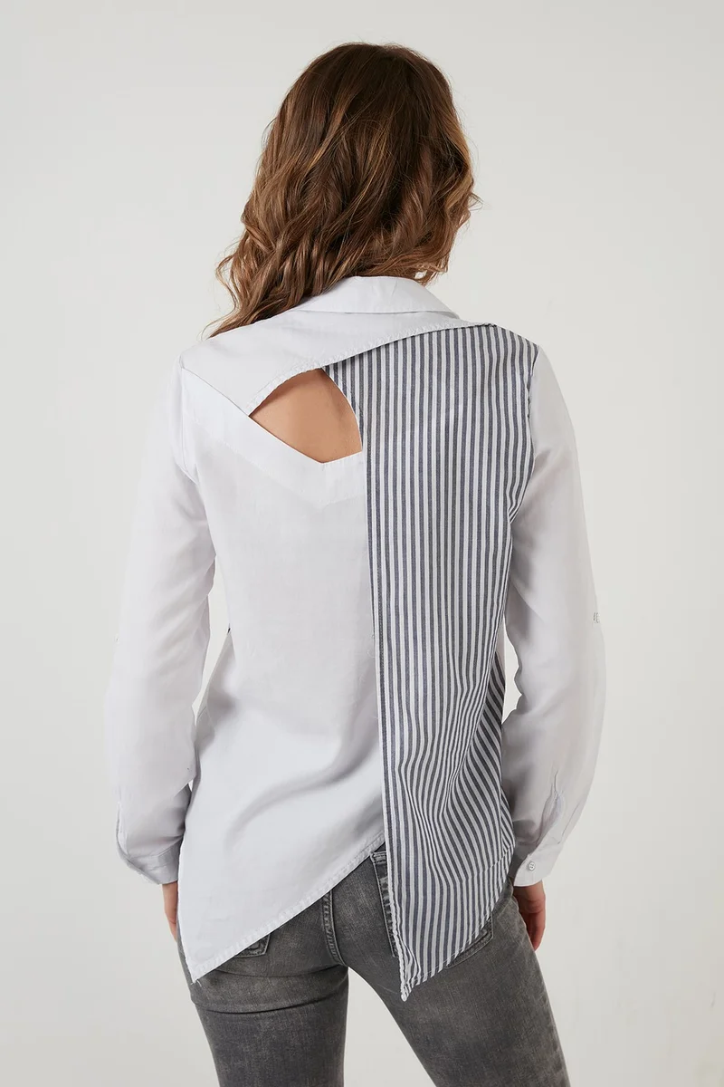 ليلا Asymmetric Back Detailed Striped 100% Cotton Shirt Women's Shirt 51435691