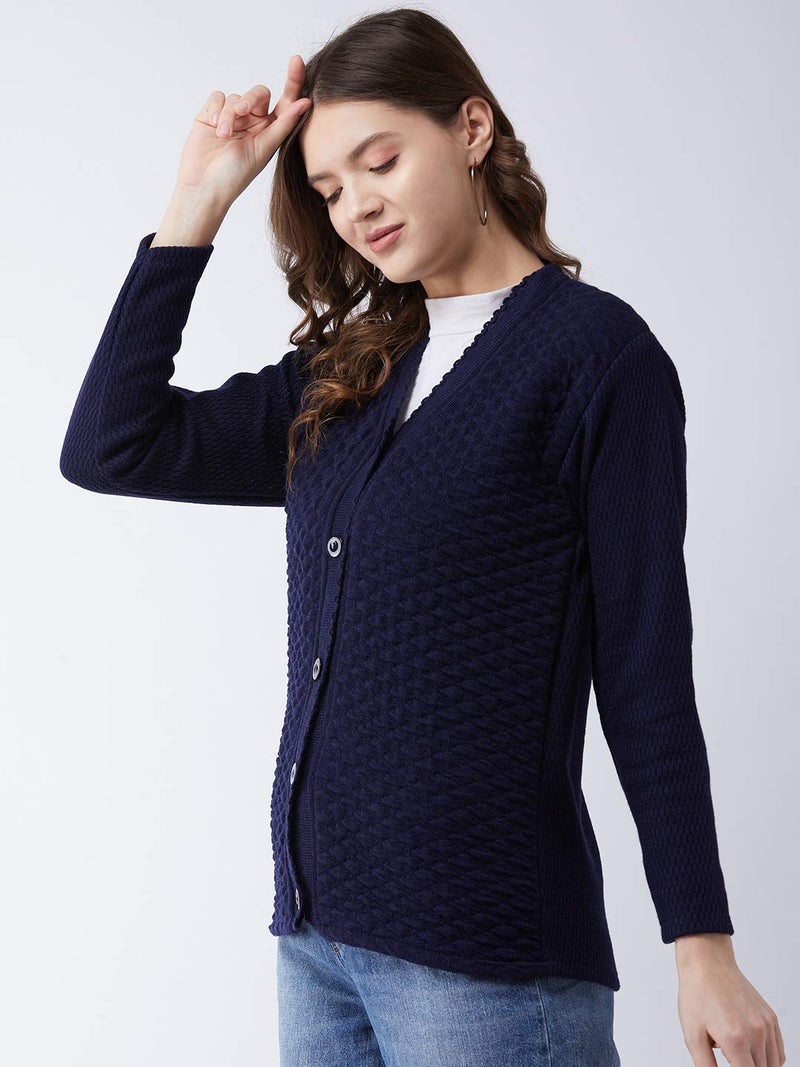 Pivl Women's Blended V-Neck Cardigan (PV502_Navy_Medium) - Image 4