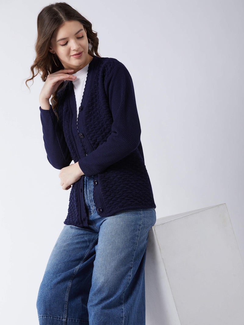 Pivl Women's Blended V-Neck Cardigan (PV502_Navy_Medium) - Image 3