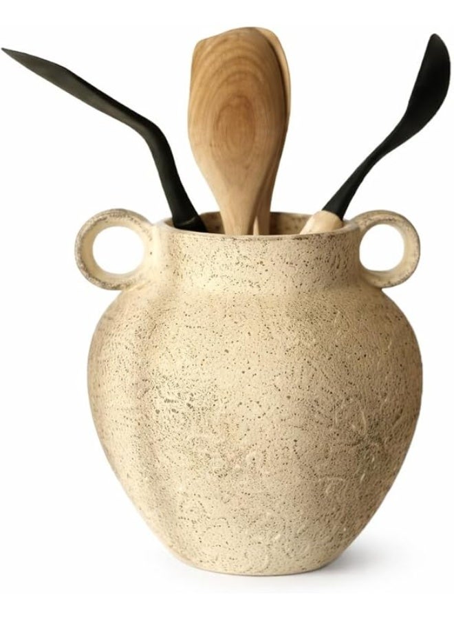 كالدا منظم كالدا من الصلصال الخام – حامل أدوات فخاري يدوي بملمس طبيعي – جرة مطبخ ديكورية ريفية للملاعق والأدوات – منظم حرفي من الفخار الترابي - Image 1