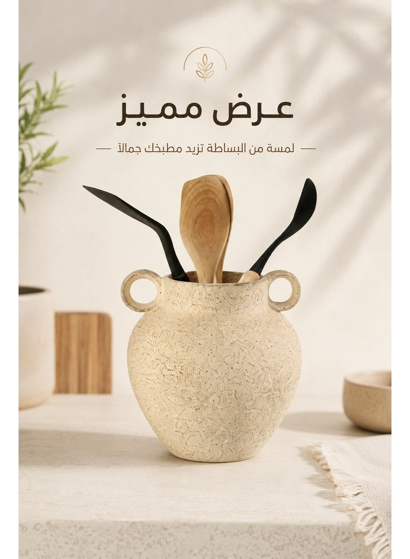 كالدا منظم كالدا من الصلصال الخام – حامل أدوات فخاري يدوي بملمس طبيعي – جرة مطبخ ديكورية ريفية للملاعق والأدوات – منظم حرفي من الفخار الترابي - Image 2
