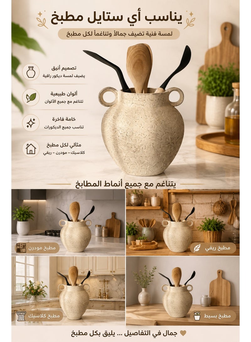 كالدا منظم كالدا من الصلصال الخام – حامل أدوات فخاري يدوي بملمس طبيعي – جرة مطبخ ديكورية ريفية للملاعق والأدوات – منظم حرفي من الفخار الترابي - Image 3