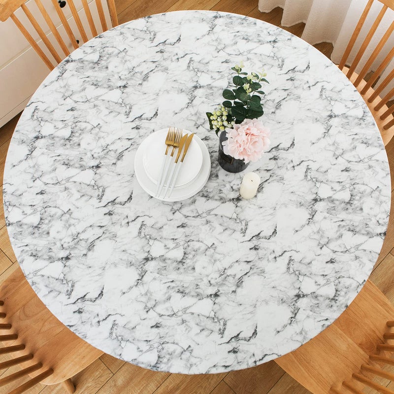 LIBERECOO Round Vinyl Fitted Tablecloth with Flannel Backing Elastic Edge Table Cover Waterproof Stain-Resistant Wipeable Tablcloths Fits 45-56" Round Tables - Image 1
