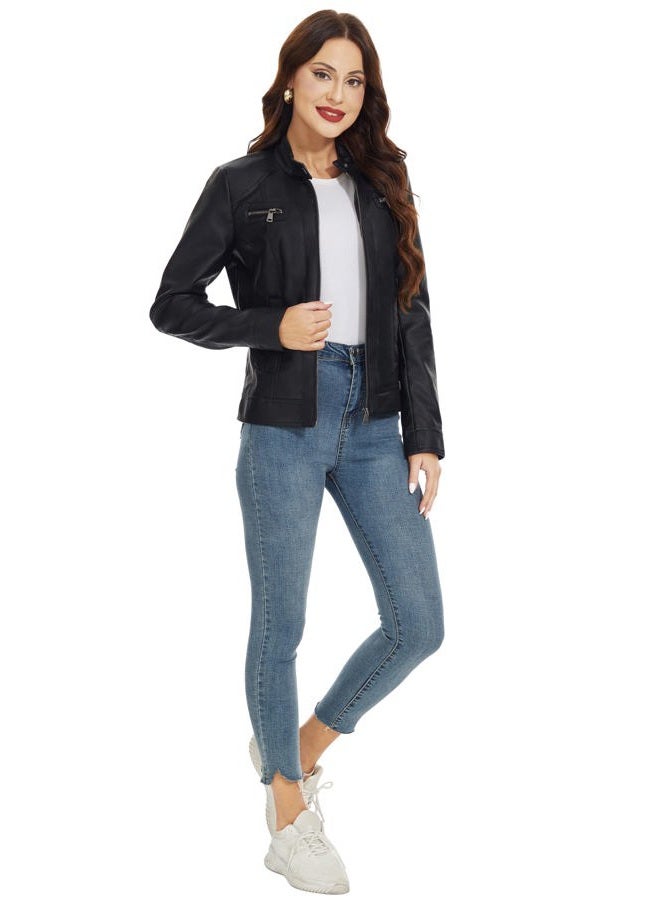 Fahsyee Zip Leather Jackets for Women Motorcycle Faux PU Moto Biker Outwear Coat, Pure Black, S - Image 5