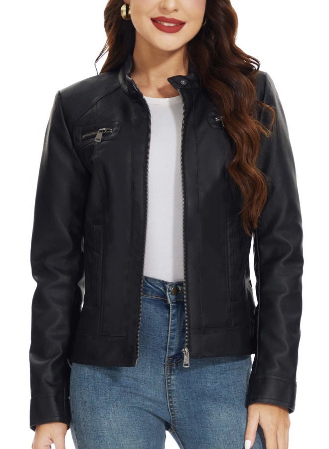Fahsyee Zip Leather Jackets for Women Motorcycle Faux PU Moto Biker Outwear Coat, Pure Black, S - Image 1