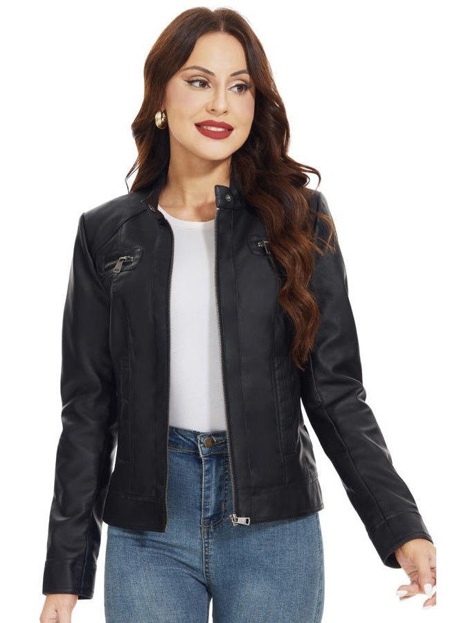 Fahsyee Zip Leather Jackets for Women Motorcycle Faux PU Moto Biker Outwear Coat, Pure Black, S - Image 2