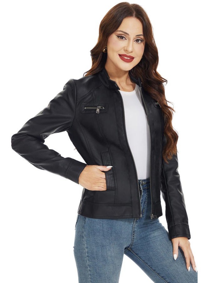 Fahsyee Zip Leather Jackets for Women Motorcycle Faux PU Moto Biker Outwear Coat, Pure Black, S - Image 3