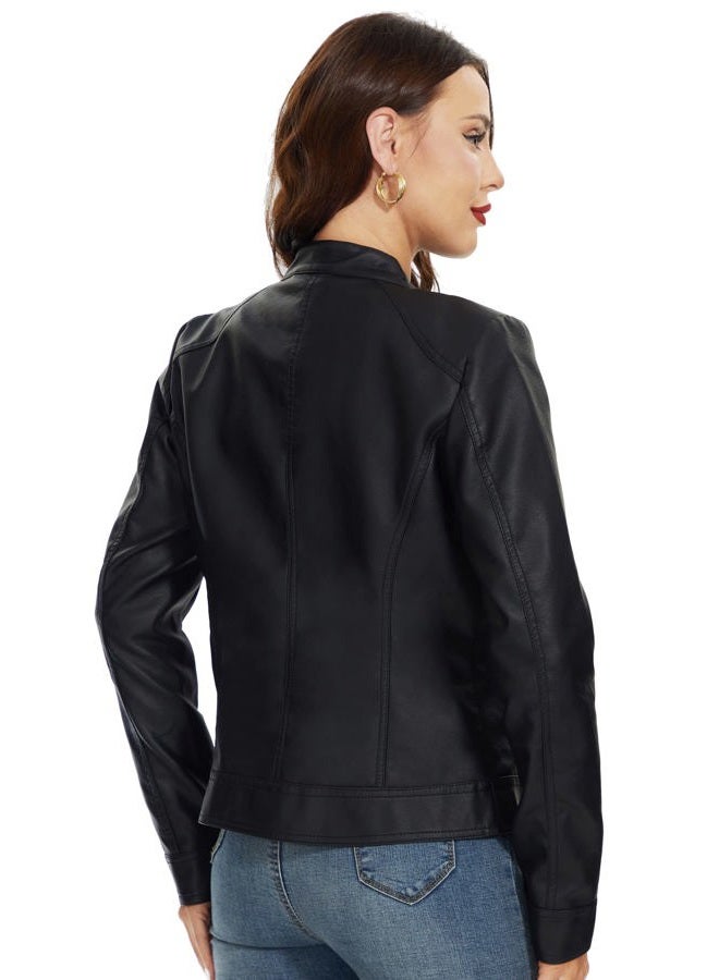 Fahsyee Zip Leather Jackets for Women Motorcycle Faux PU Moto Biker Outwear Coat, Pure Black, S - Image 4